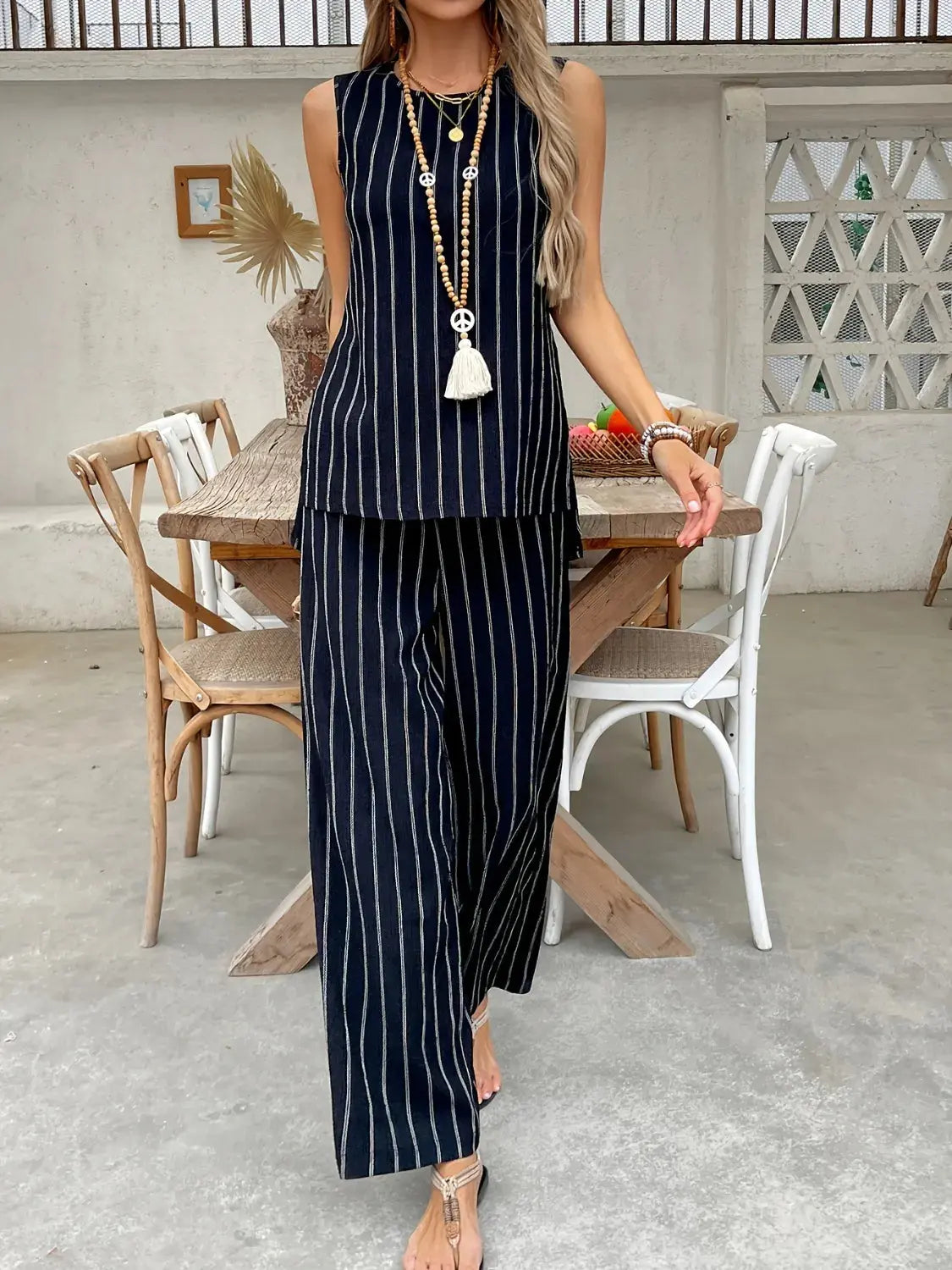 Striped Sleeveless Top and Pants Two-Piece Set.
