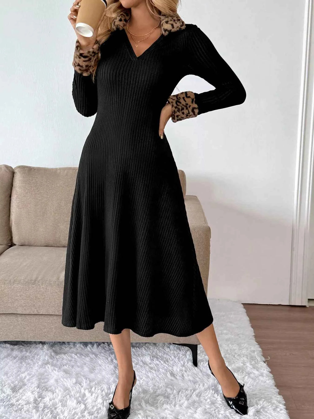 Leopard Cuff Johnny Collar Midi Dress.