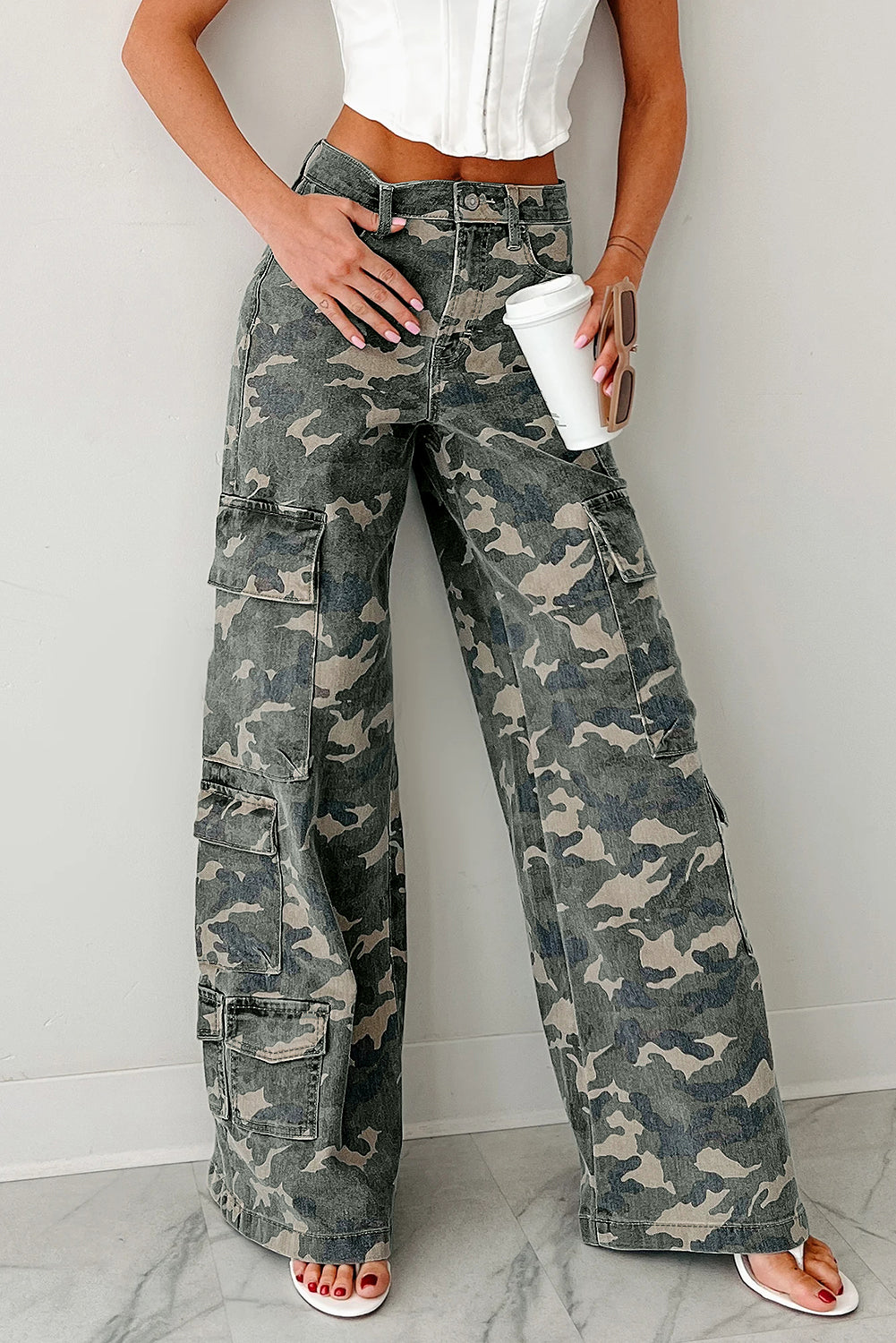 Green Camo Denim Cargo Wide Leg Pants Dear-Lover Dropshipping