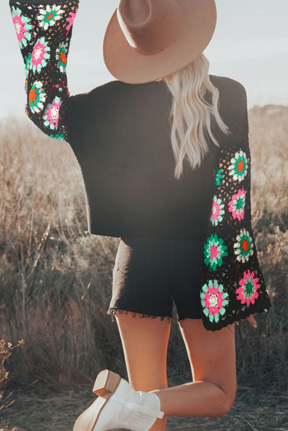 Black Floral Crochet Bell Sleeve Loose Sweater Dear-Lover Dropshipping