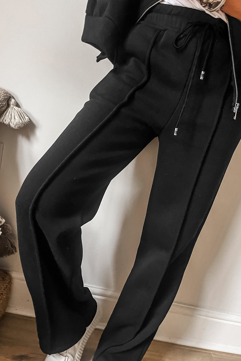 Black Solid Seamed Zipper Jacket and Drawstring Waist Pants Set Dear-Lover Dropshipping