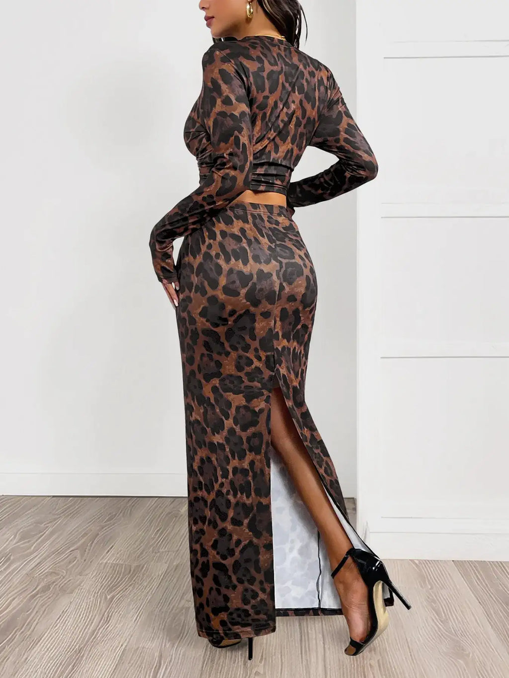 Leopard Round Neck Top and Skirt Set.