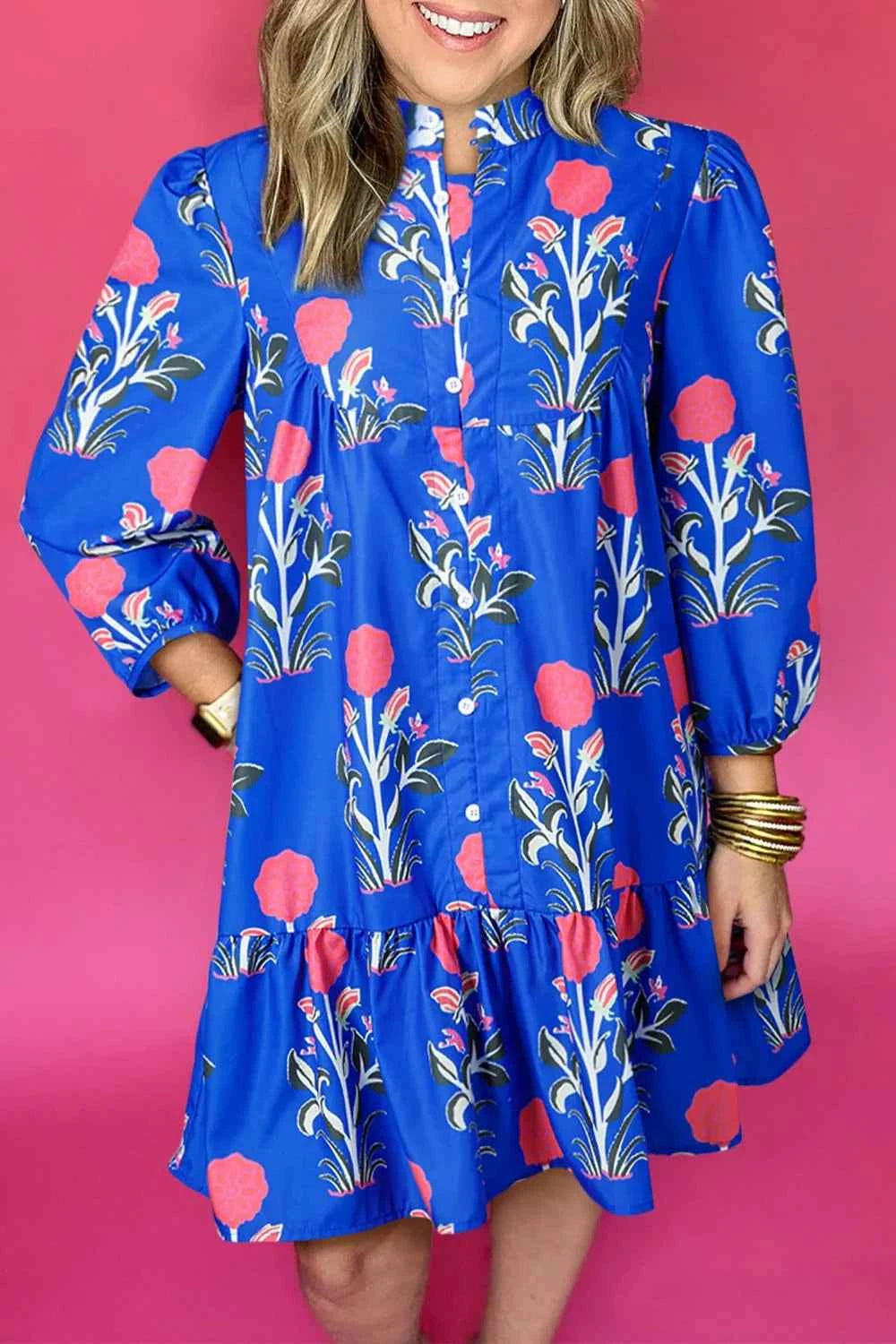 Floral Print Long Sleeve Ruffle Hem Dress