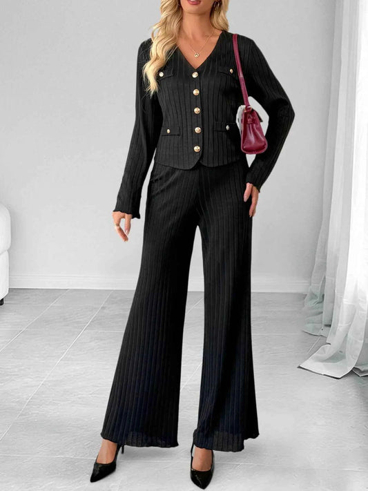 Ribbed Knit Cardigan & Wide Leg Pants Set