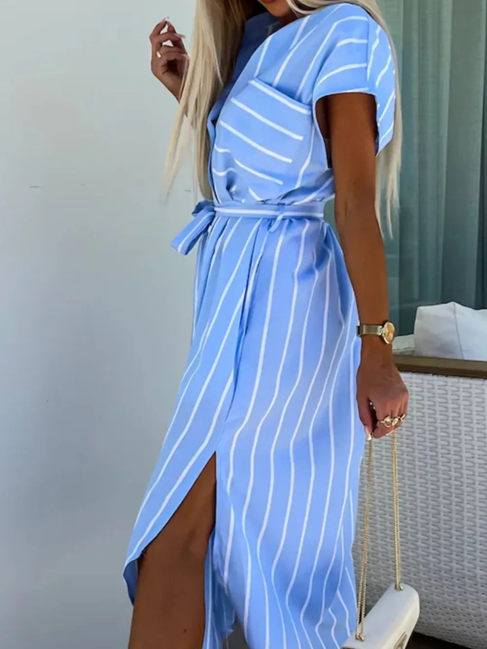 Striped Tie Waist Short Sleeve Dress.