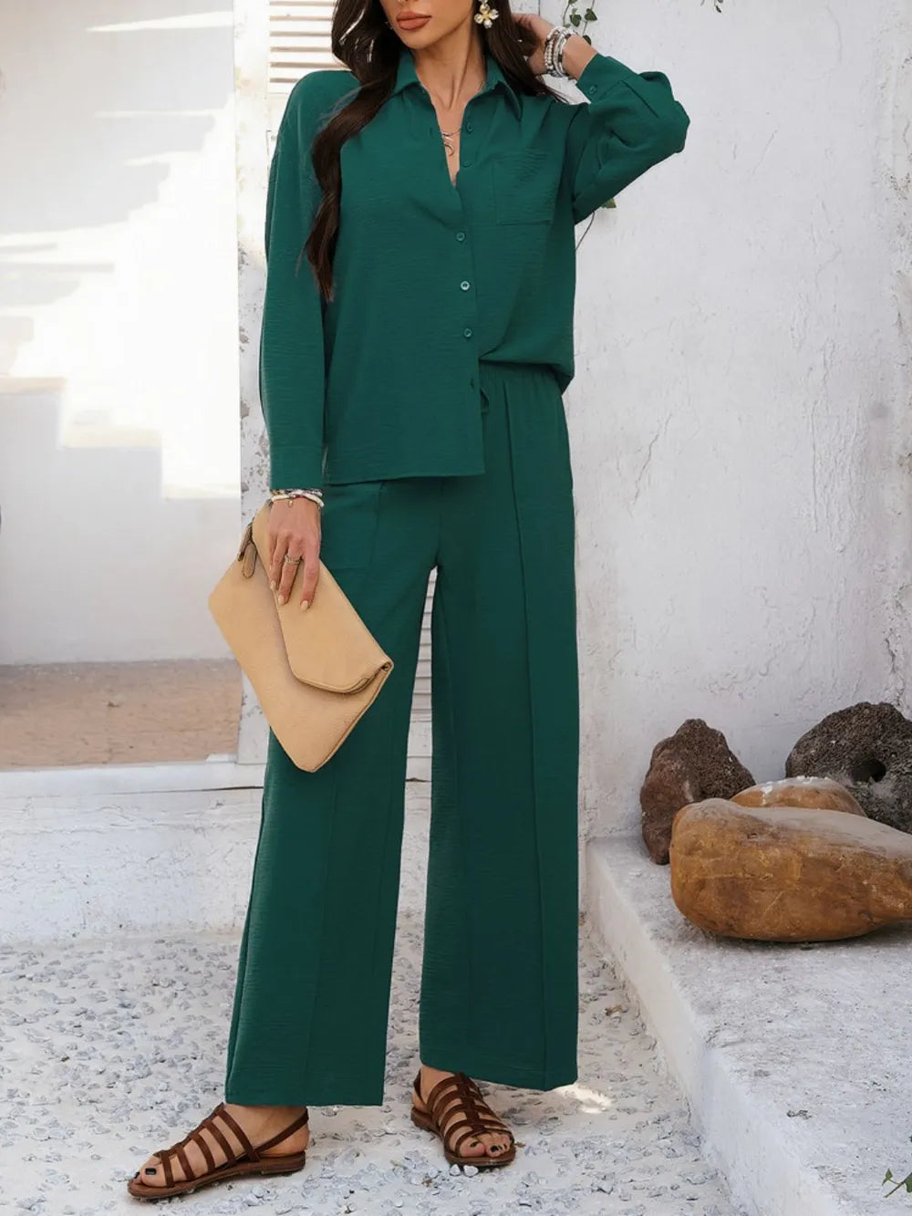 Devine Collared Neck Long Sleeve Top and Pants Set.