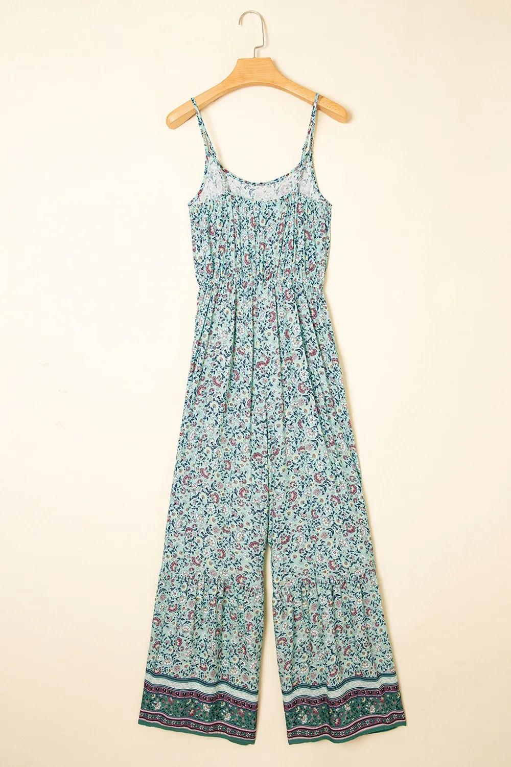 Bohemian Floral Ruffle Bottom Spaghetti Strap Jumpsuit.