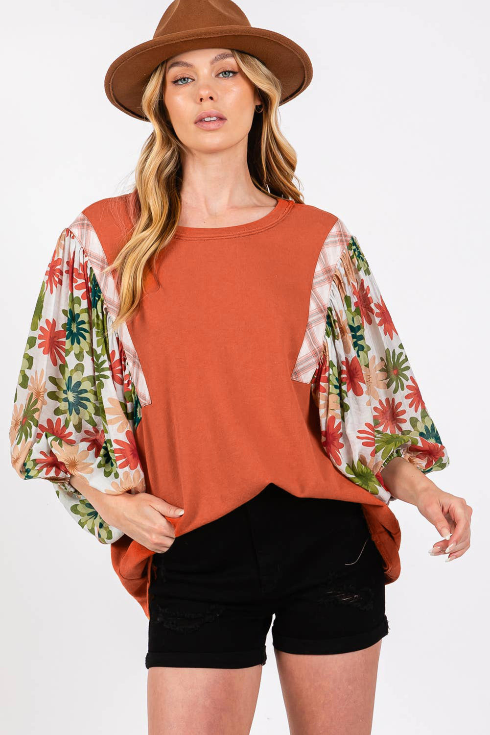 Desert Gold Floral Puff Sleeve Patchwork Round Neck Blouse Dear-Lover Dropshipping