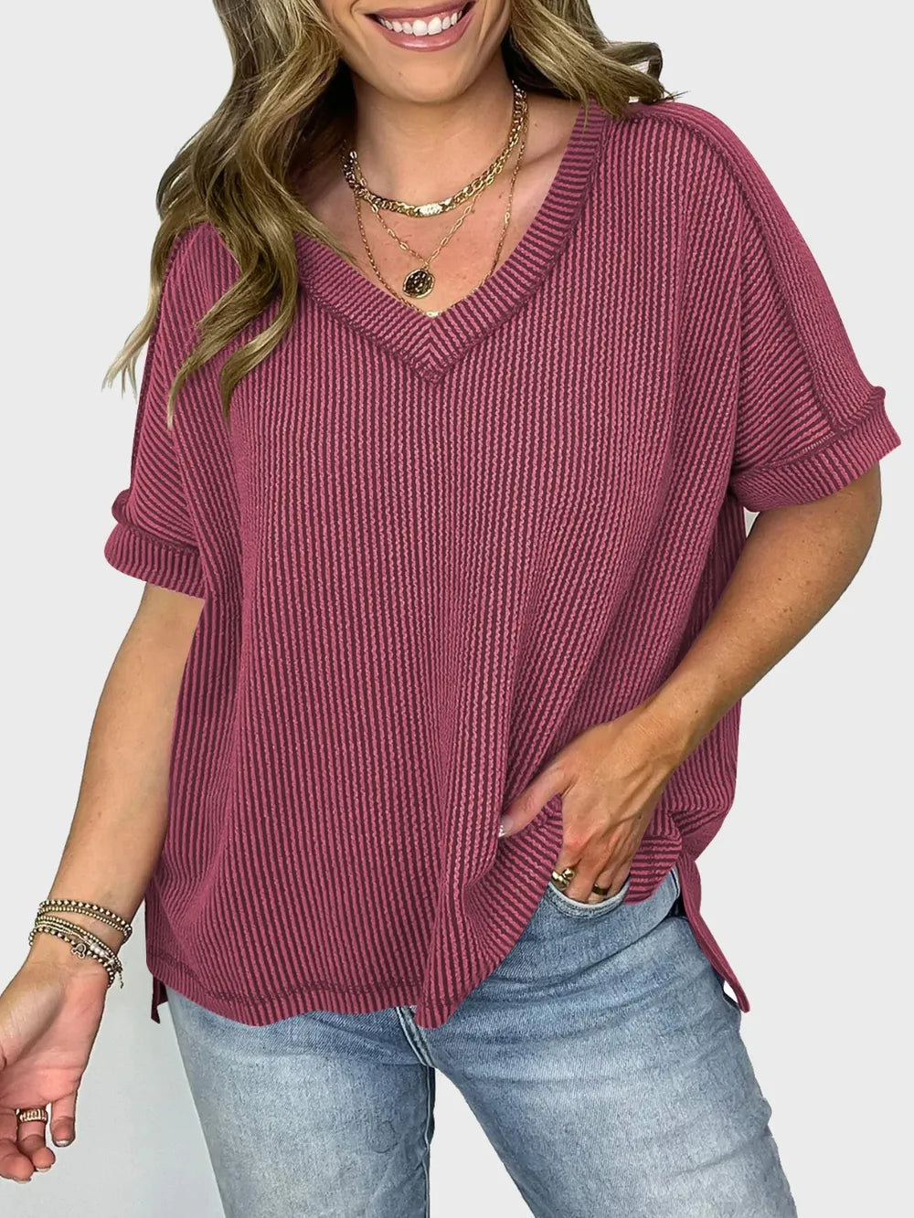 Lovelet Texture V-Neck Half Sleeve T-Shirt.
