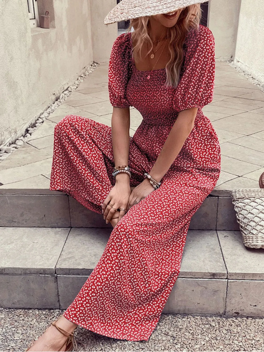 Printed Square Neck Puff Sleeve Jumpsuit.