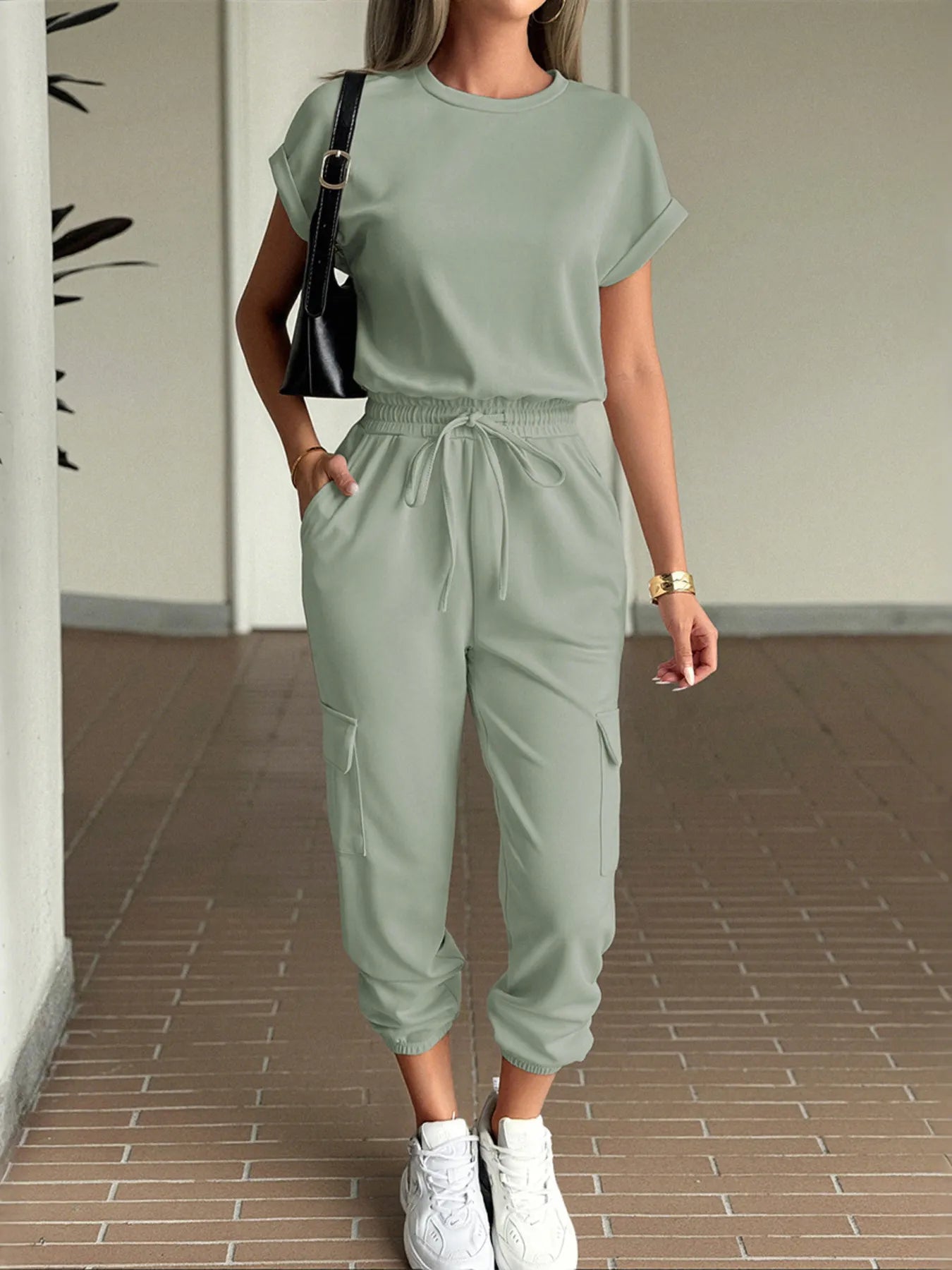 Round Neck Short Sleeve Top and Pants Set.