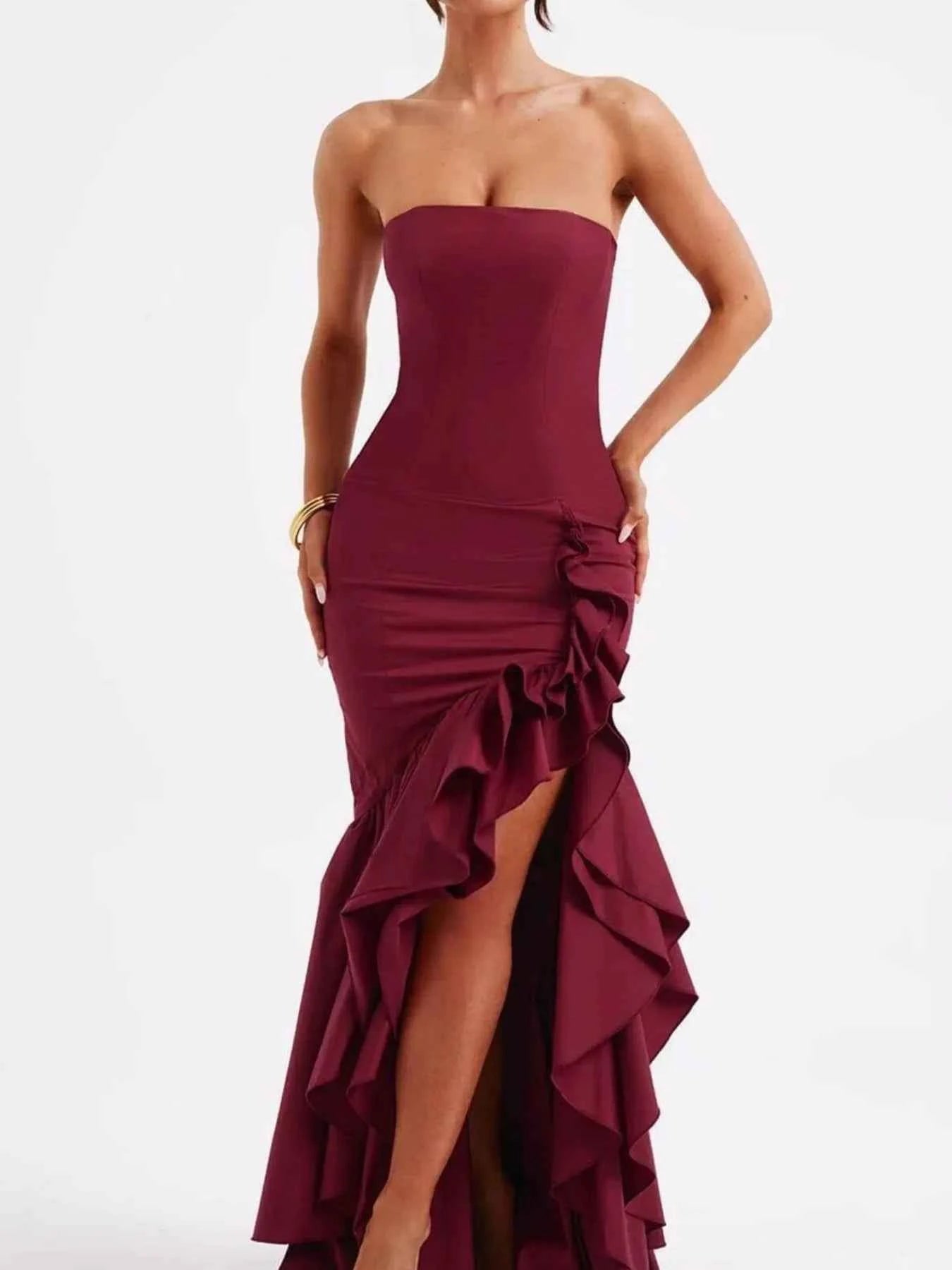 Strapless Ruffle High-Low Bodycon Dress.