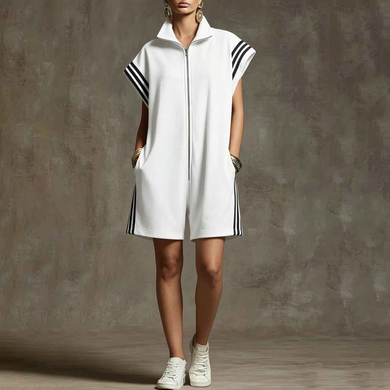 Stand-collar Womens Casual Striped Color-block Relaxed-fit Jumpsuit With A Zipper
