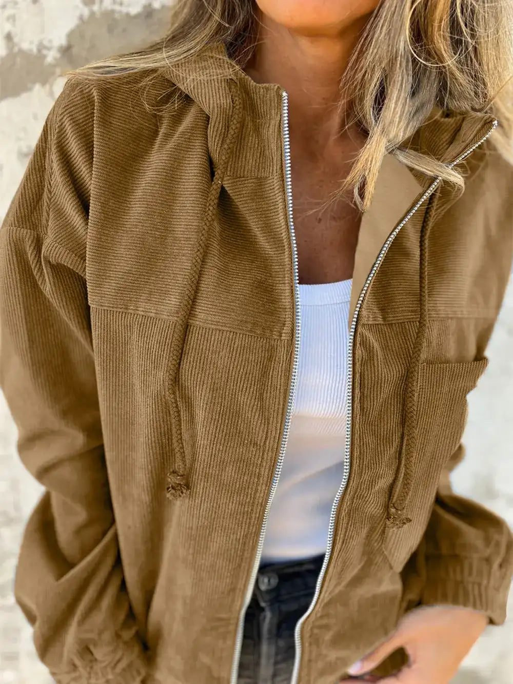 Drawstring Zip Up Long Sleeve Hooded Jacket.