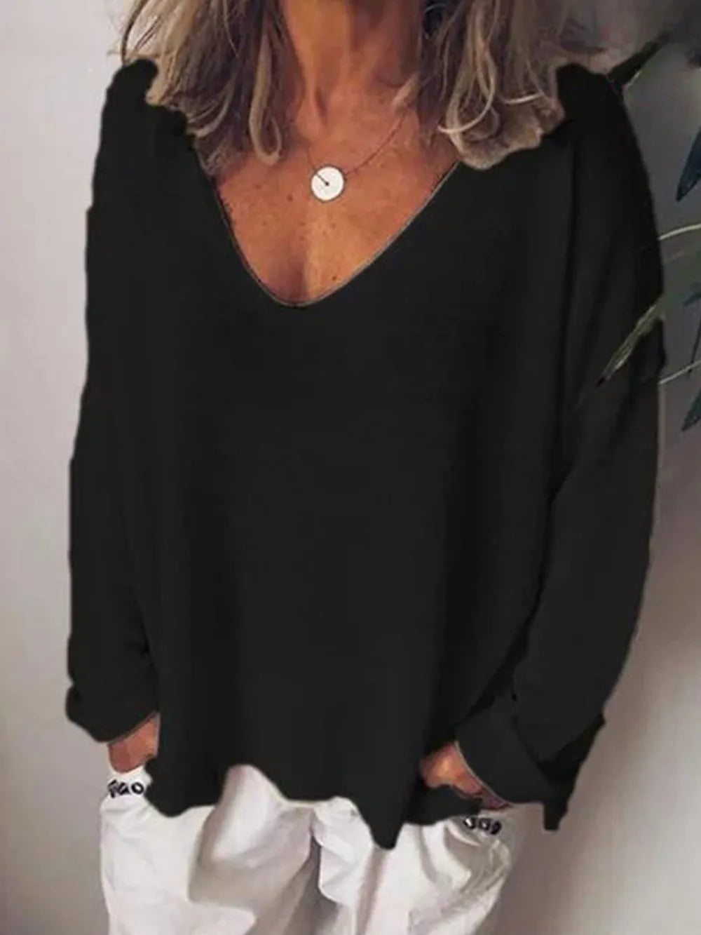 Full Size V-Neck Drop Shoulder Long Sleeve T-Shirt Plus Size.