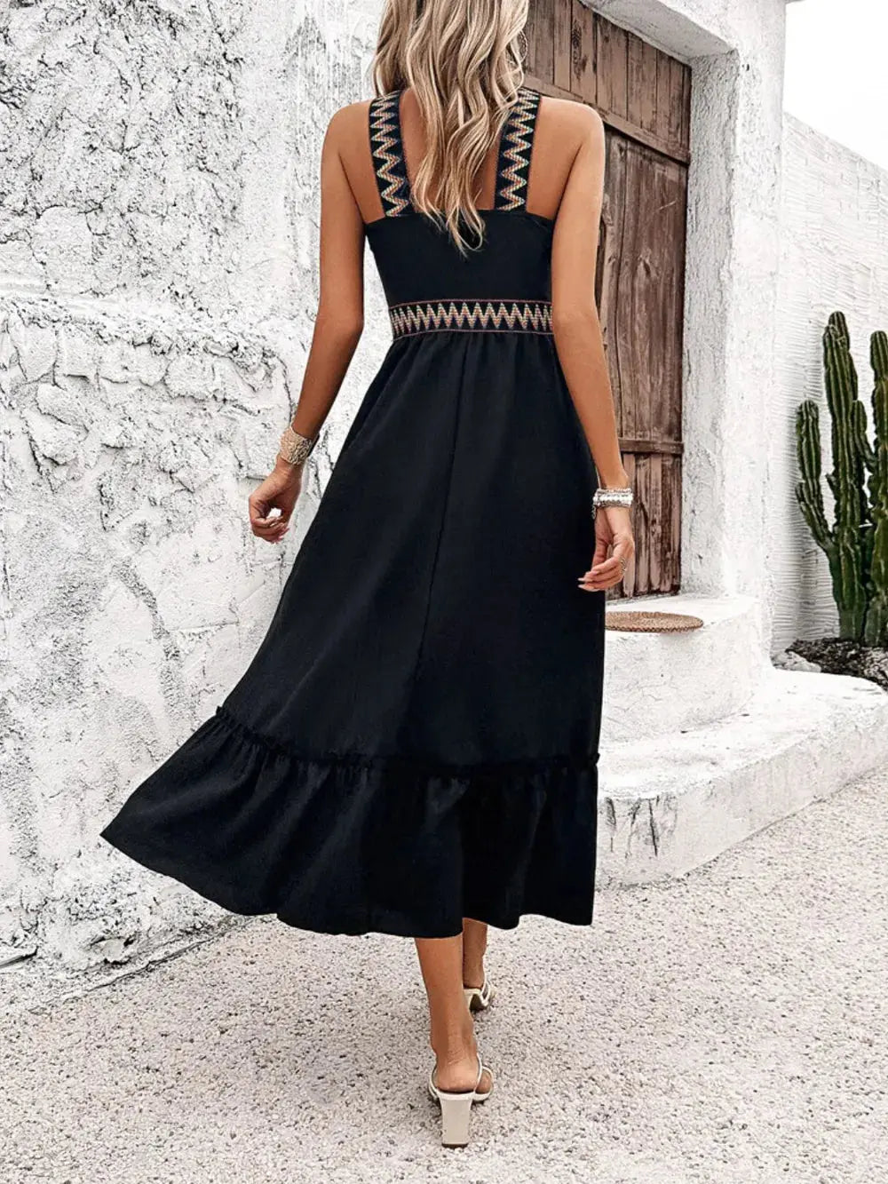 Devine Ruffled Slit Sleeveless Midi Dress.