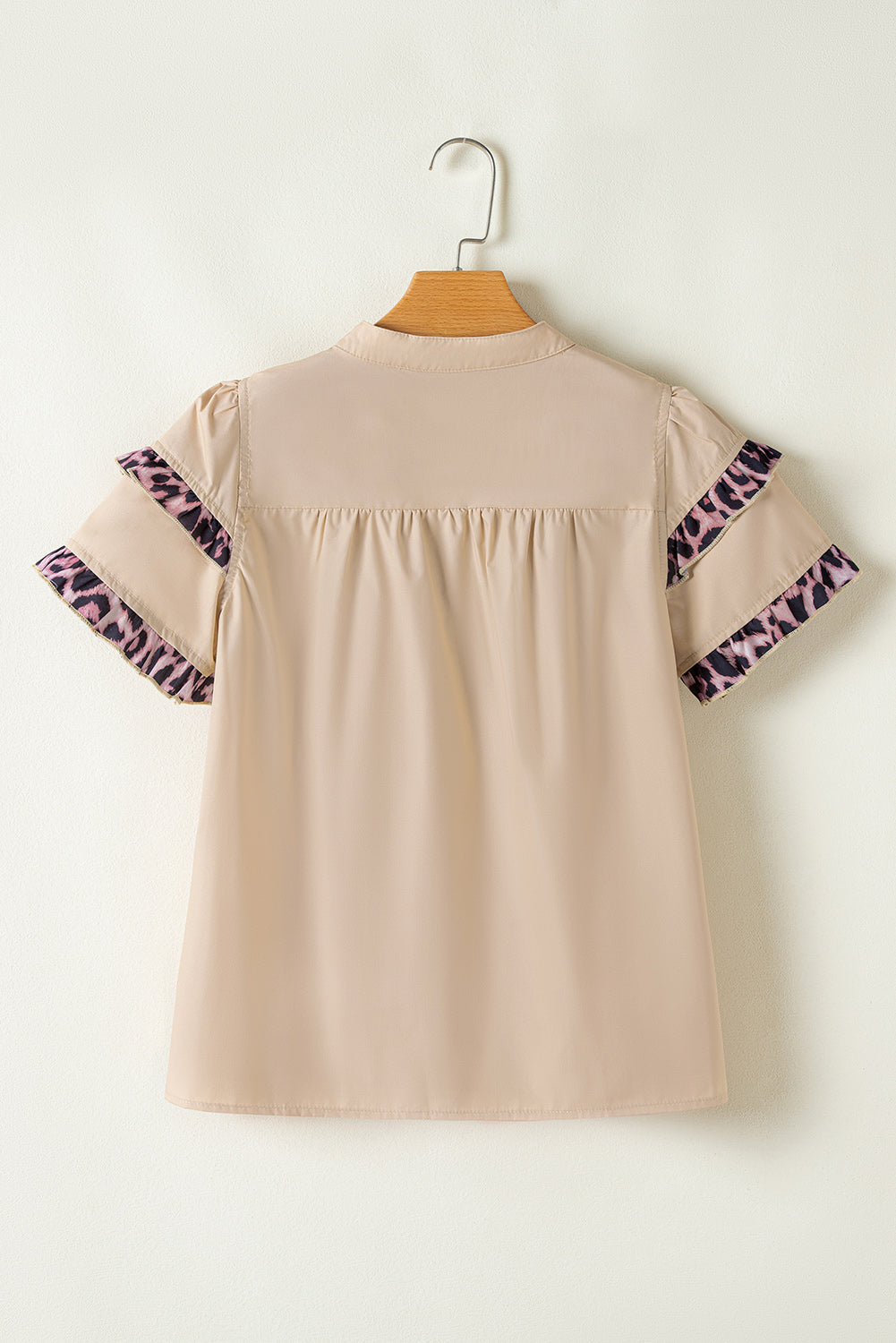 Smoke Gray Leopard Ruffles Trim Tiered Short Sleeve Blouse Dear-Lover Dropshipping