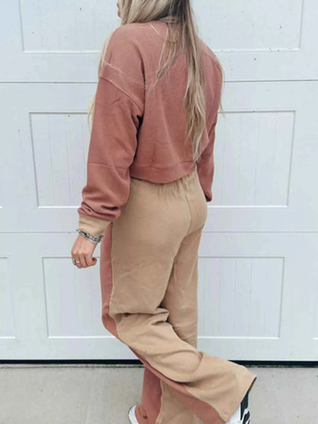 Color Block Long Sleeve Crop Top Drawstring Pant Set