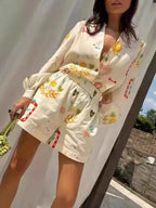 Women's Printed Long Sleeve Shirt and Shorts Two Piece Set