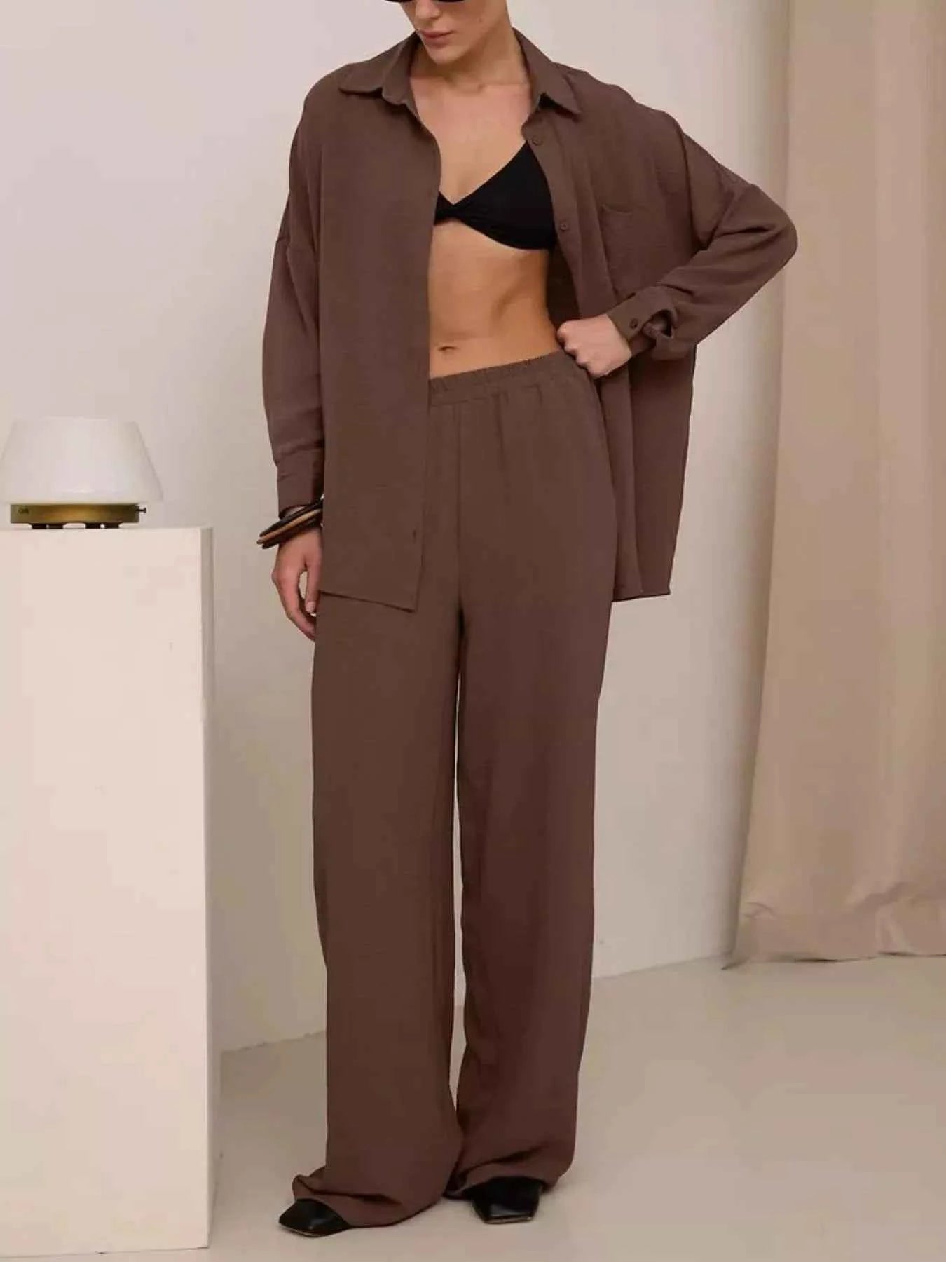 Button Up Long Sleeve Shirt and Pants Set