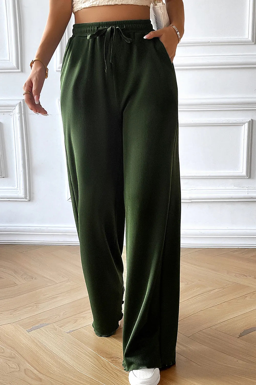 Devine Drawstring Wide Leg Pants with Pocketed.