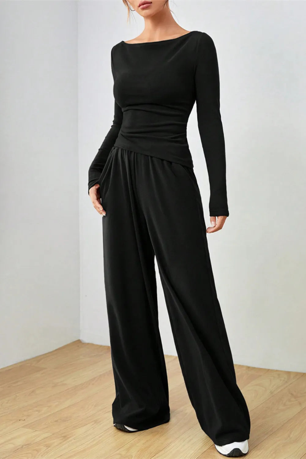 Boat Neck Long Sleeve Top and Pants Set.