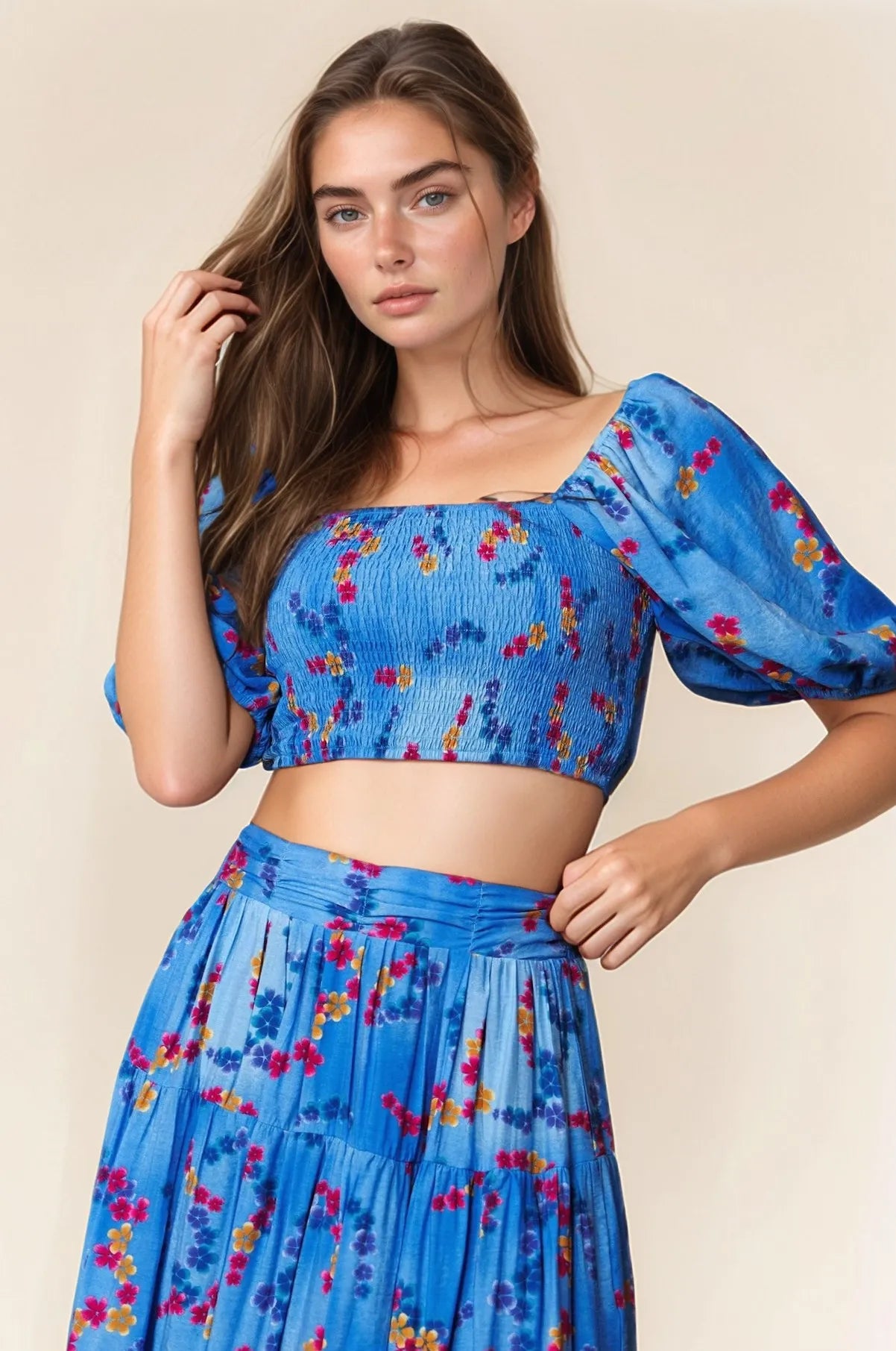 Davi & Dani Smocing Bodice Puff Short Sleeve Printed Crop Top - CHIC TB
