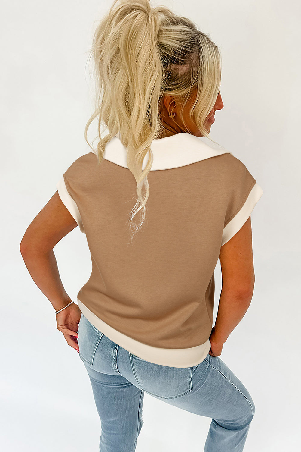 Simply Taupe Half Zipper Collared Colorblock Short Sleeve Top Dear-Lover Dropshipping