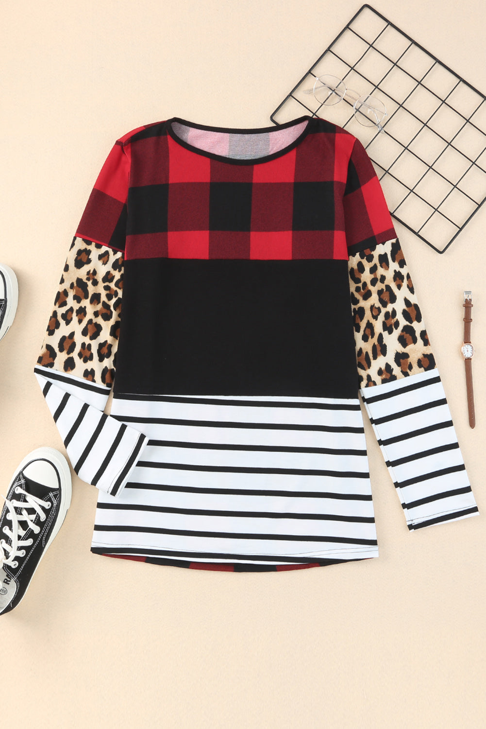 Plaid Print Leopard Splicing Striped Color Block Long Sleeve Top Dear-Lover Dropshipping