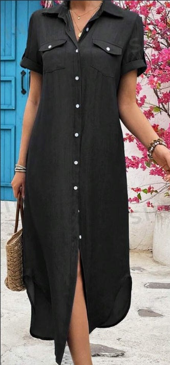 Women Summer Denim-Look Longline Shirt Dress Trendsi