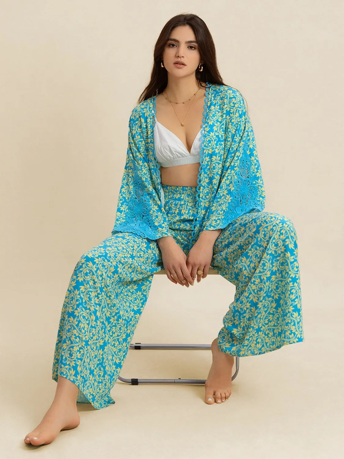 Open Front Printed Top and Pants Set - CHIC TB