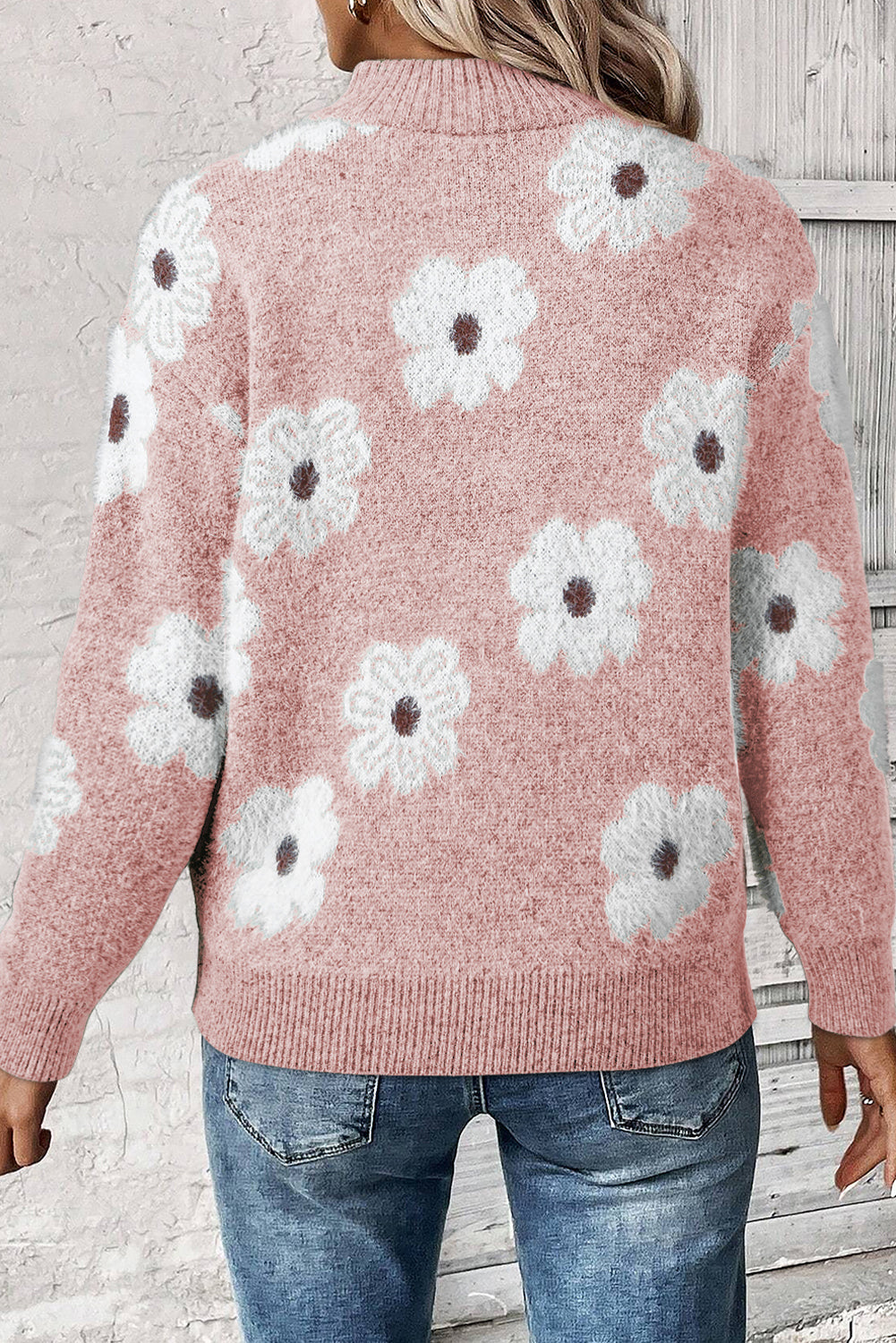 Pink Floral Pattern Half Zip Drop Shoulder Sweater Dear-Lover Dropshipping