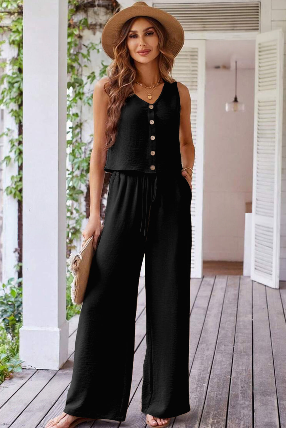 Black Buttoned Vest Drawstring Wide Leg Pants 2pcs Set Dear-Lover Dropshipping