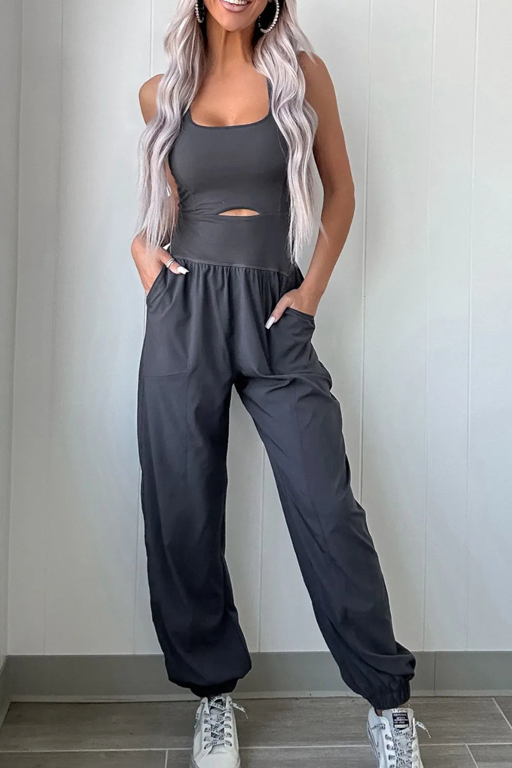 Cutout Square Neck Wide Strap Active Jumpsuit.