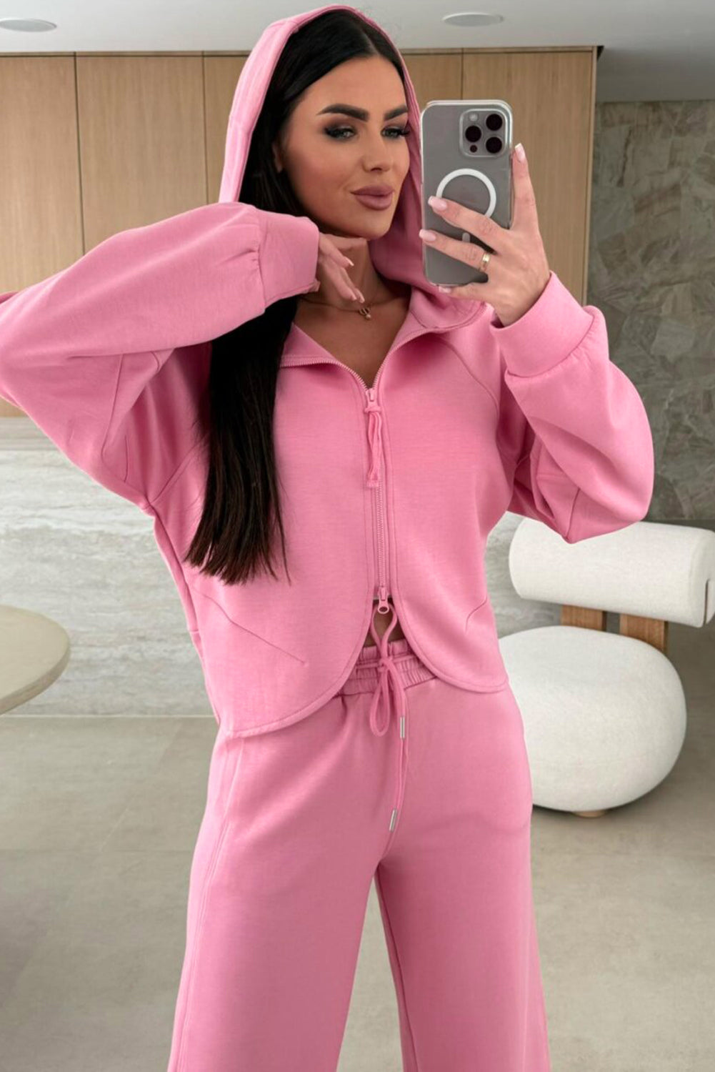 Pink Solid Color Zip Up Hoodie Drawstring Loose Pants Set Dear-Lover Dropshipping
