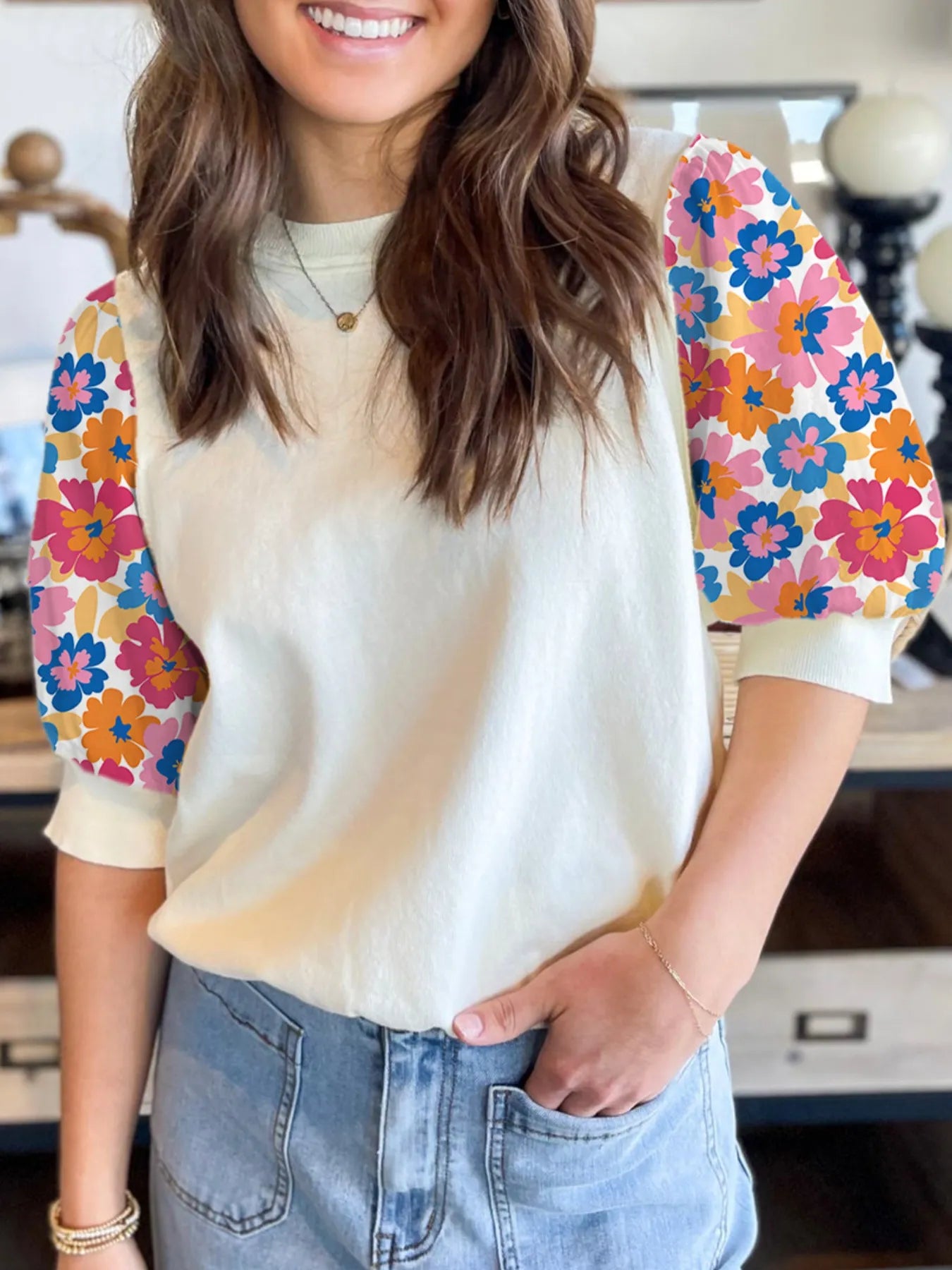Floral Puff Sleeve Round Neck T-Shirt.