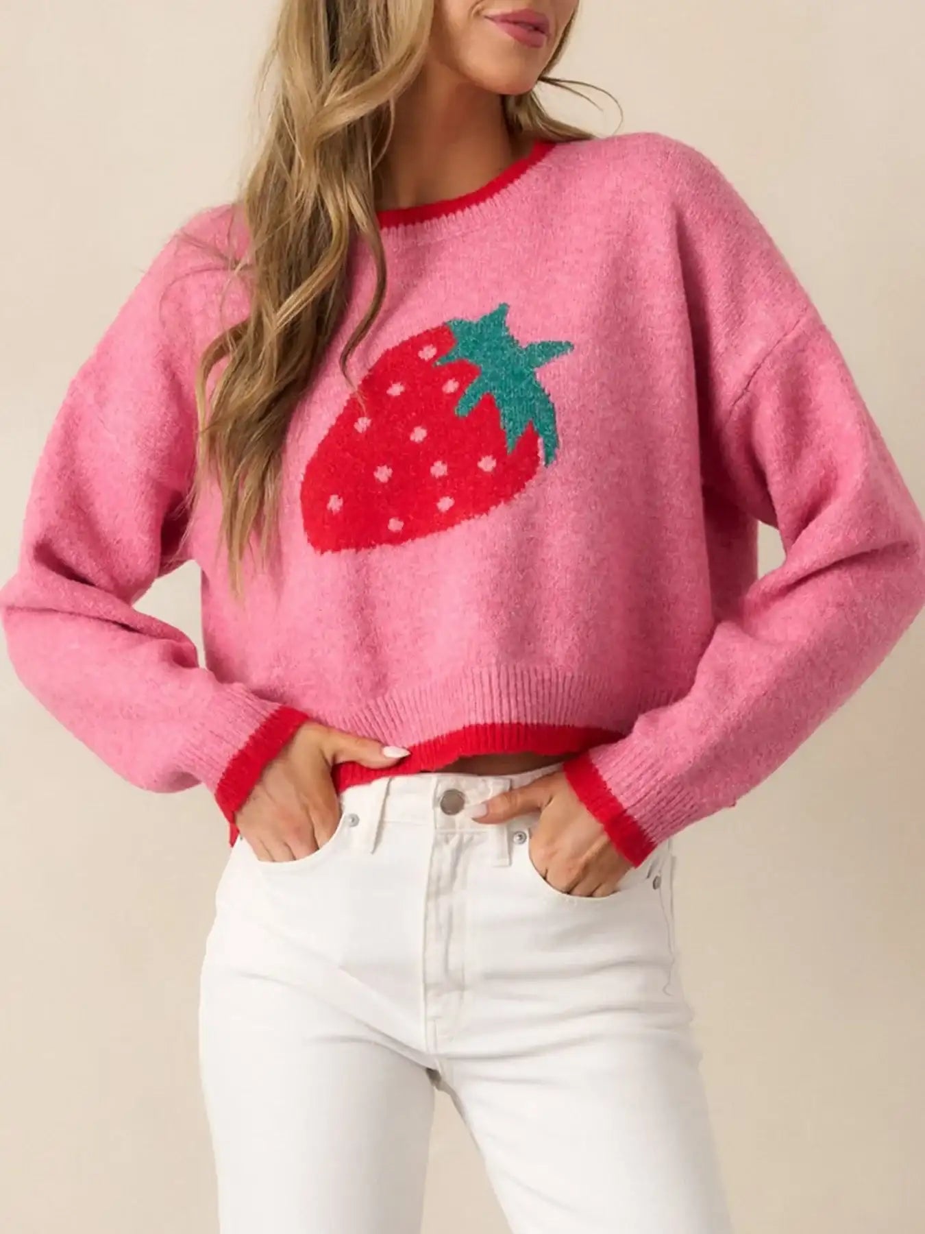 Strawberry Round Neck Long Sleeve Sweater.
