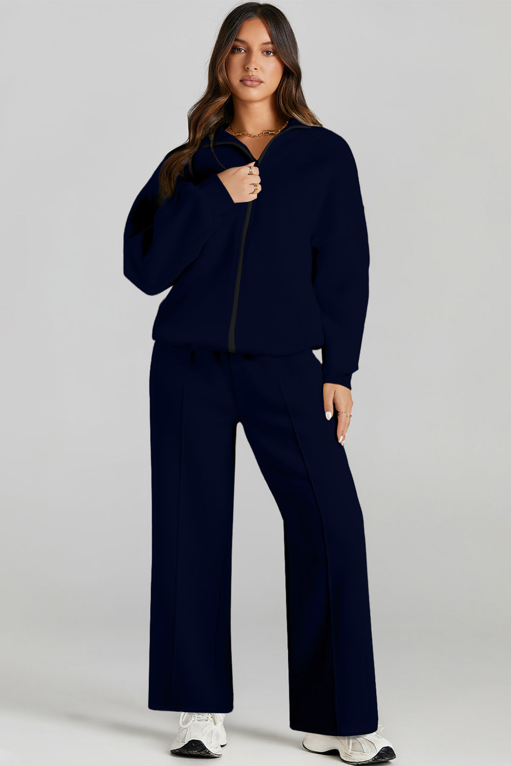 Navy Blue Drop Shoulder Zip Up Jacket Drawstring Pants Active 2pcs Set Dear-Lover Dropshipping