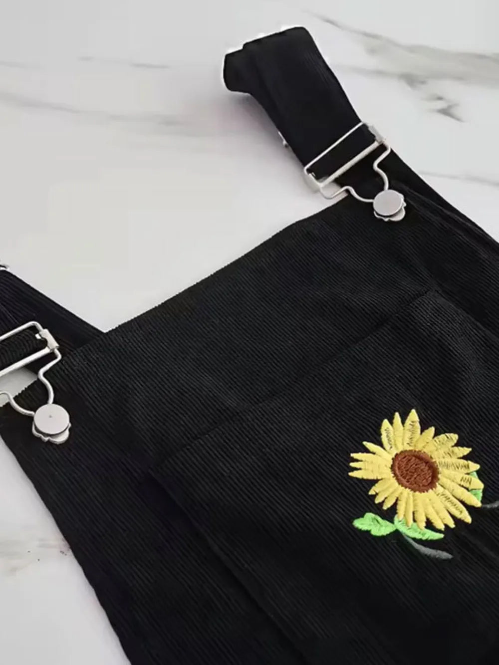 Embroidered Sunflower Wide Strap Overalls with Pockets - CHIC TB