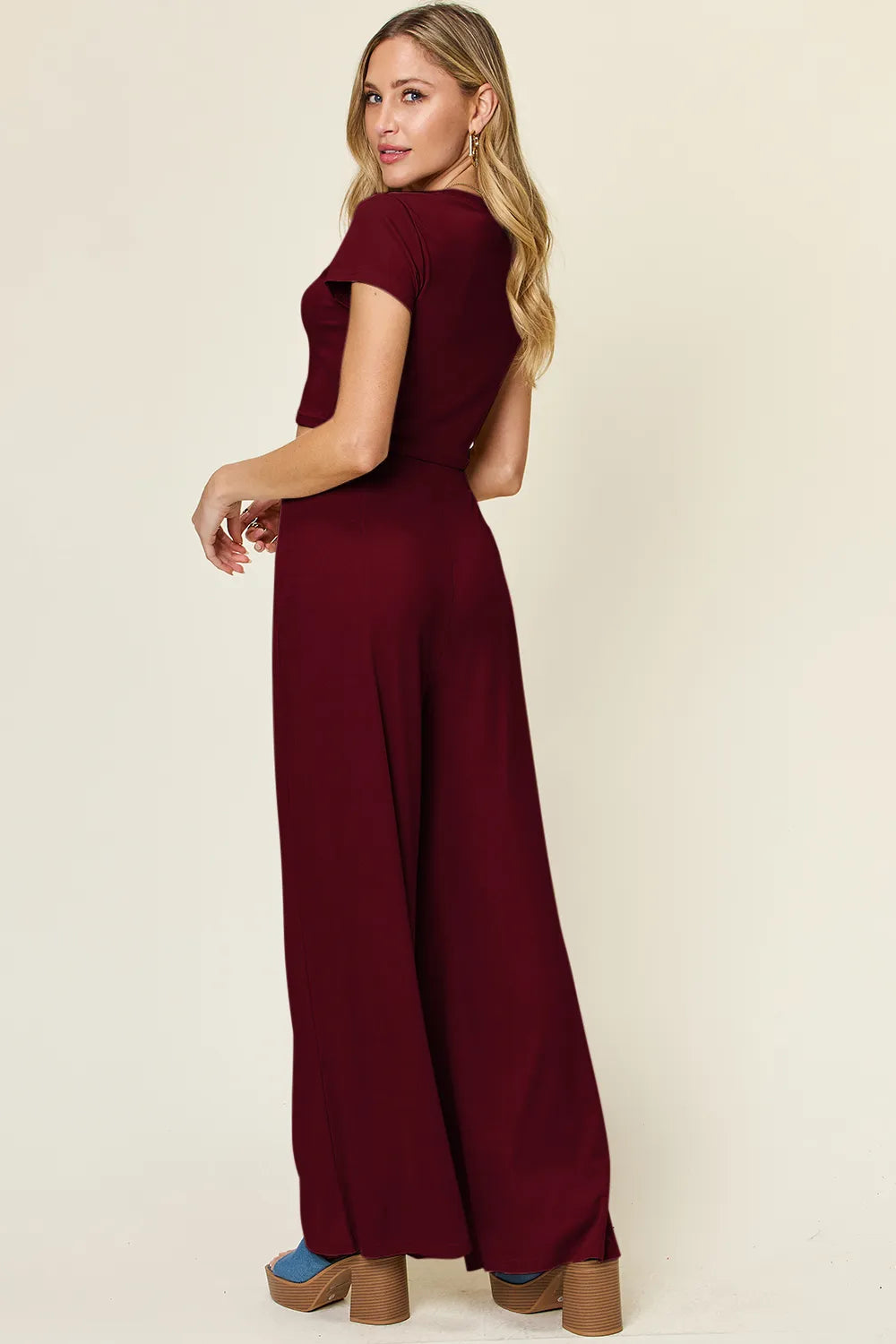 Double Take Full Size Round Neck Top and Pants Set - CHIC TB