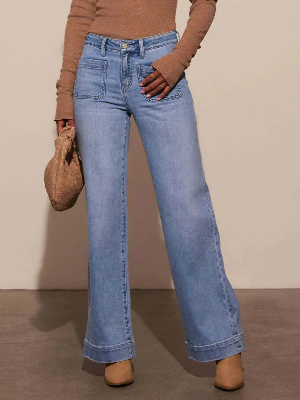 High Rise Front Pocket Patch Wide Leg Jeans.