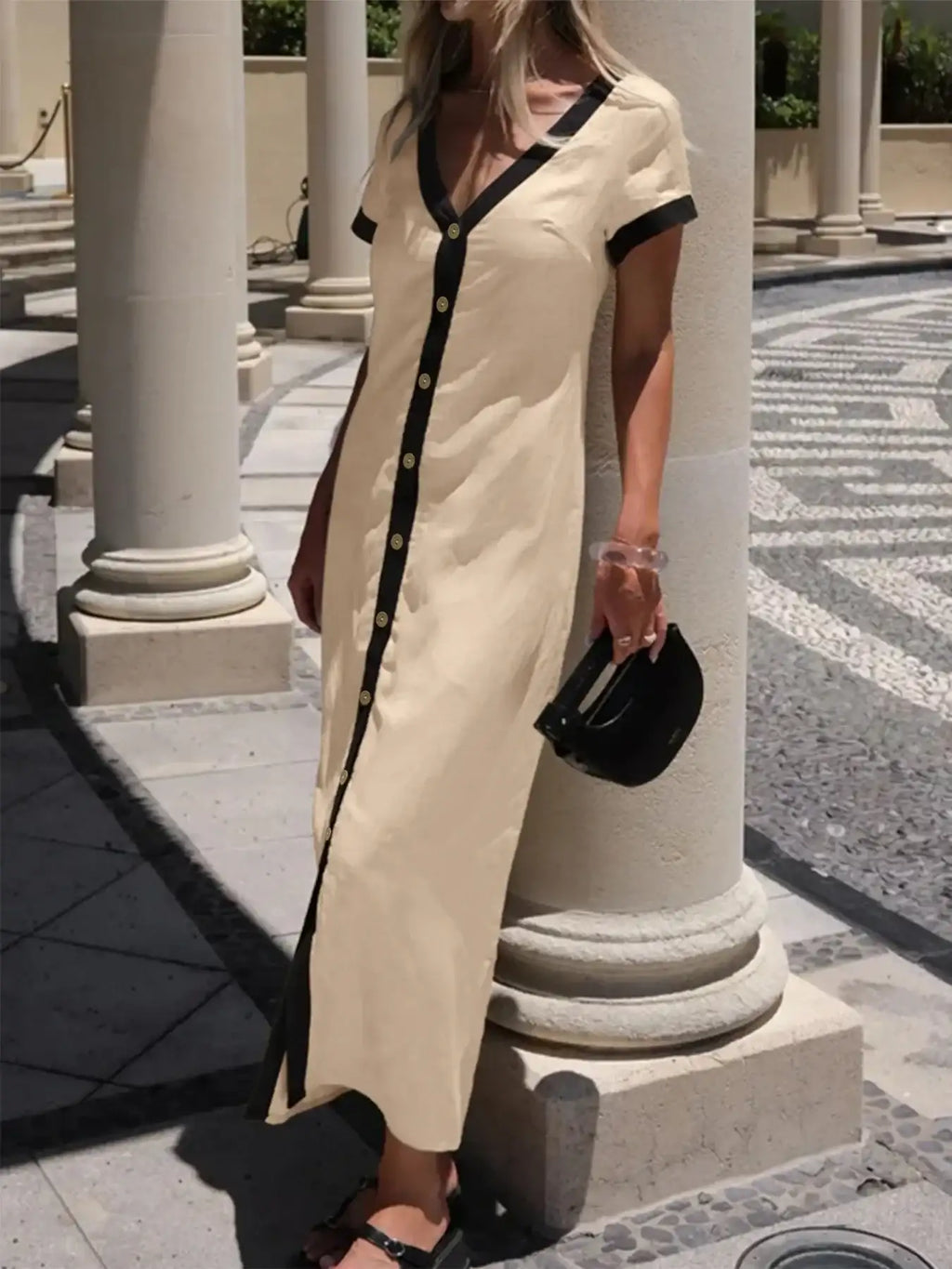 Button-Front Contrast Trim Midi Dress.