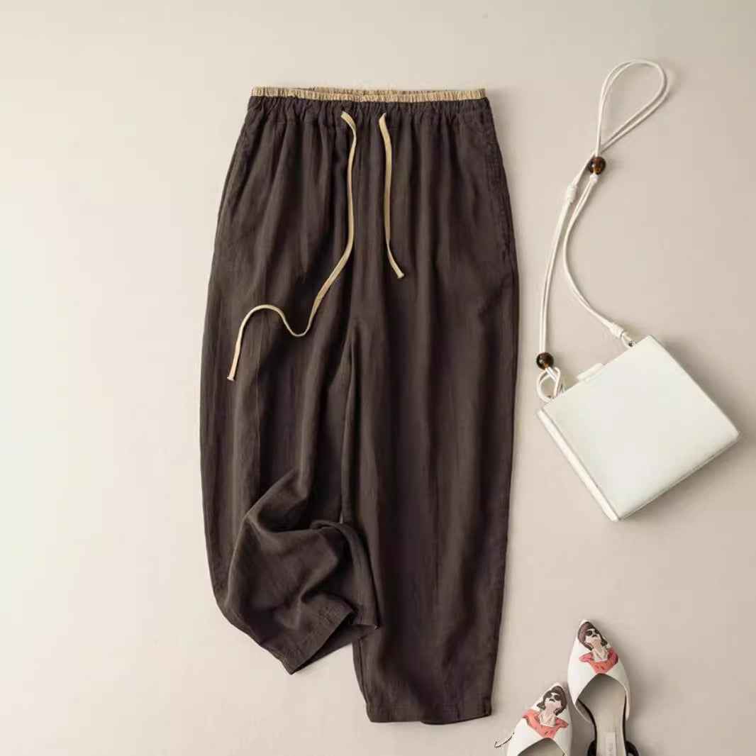 Womens Retro Korean-Style Simple Cotton-Linen Wide-Leg Casual Pants