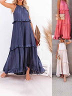 Elegant Halter Neck Ruffled Long Holiday Maxi Dress For Casual Outings