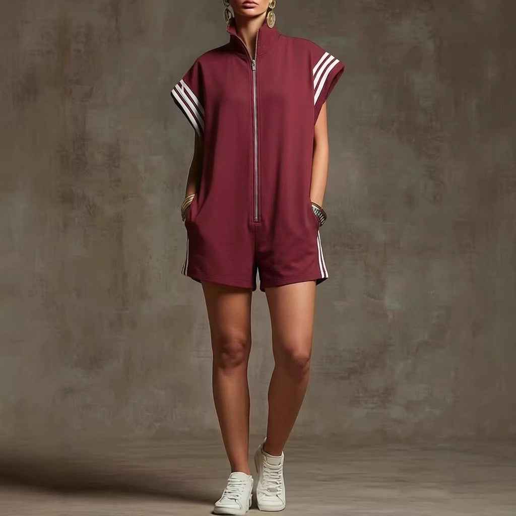 Stand-collar Womens Casual Striped Color-block Relaxed-fit Jumpsuit With A Zipper