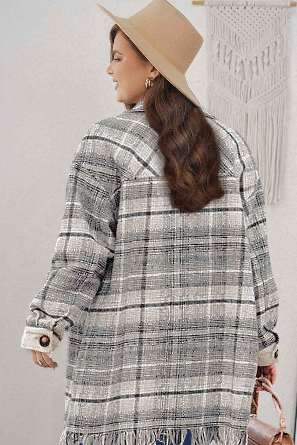 Gray Plus Size Macrame Plaid Coat