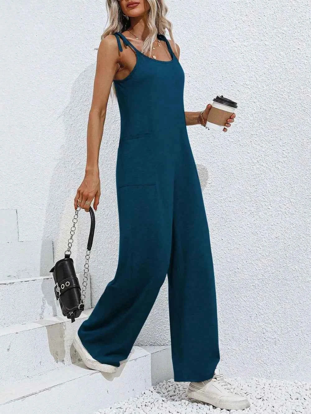 Scoop Neck Tie Shoulder Jumpsuit.