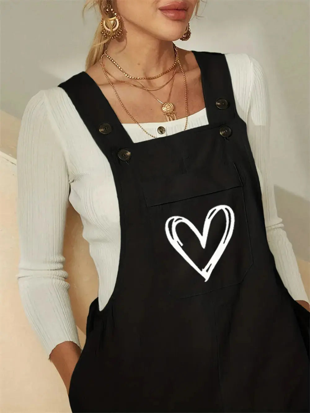 Heart Square Neck Wide Strap Overalls.