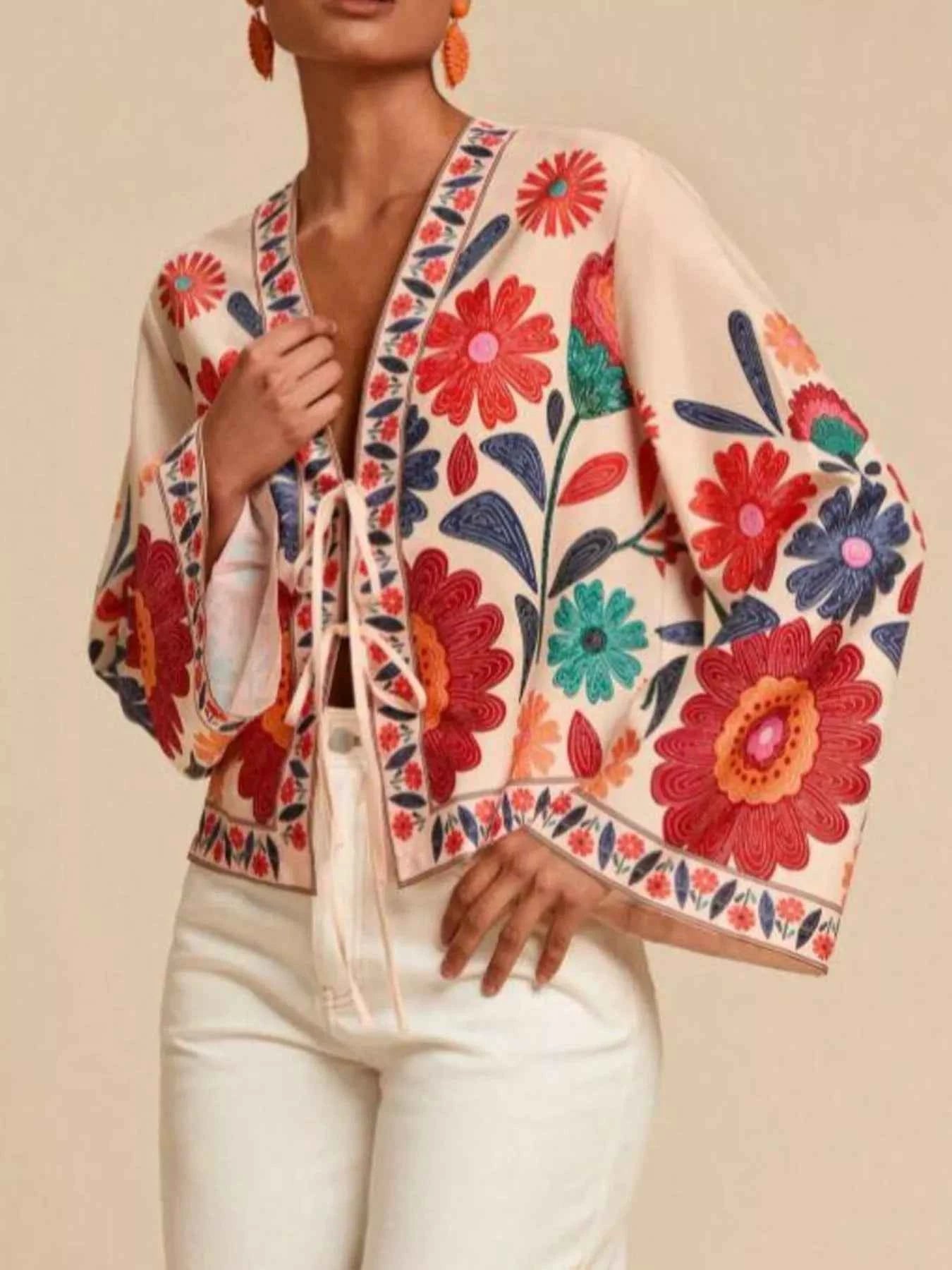 Floral Embroidered Tie-Front Shirt