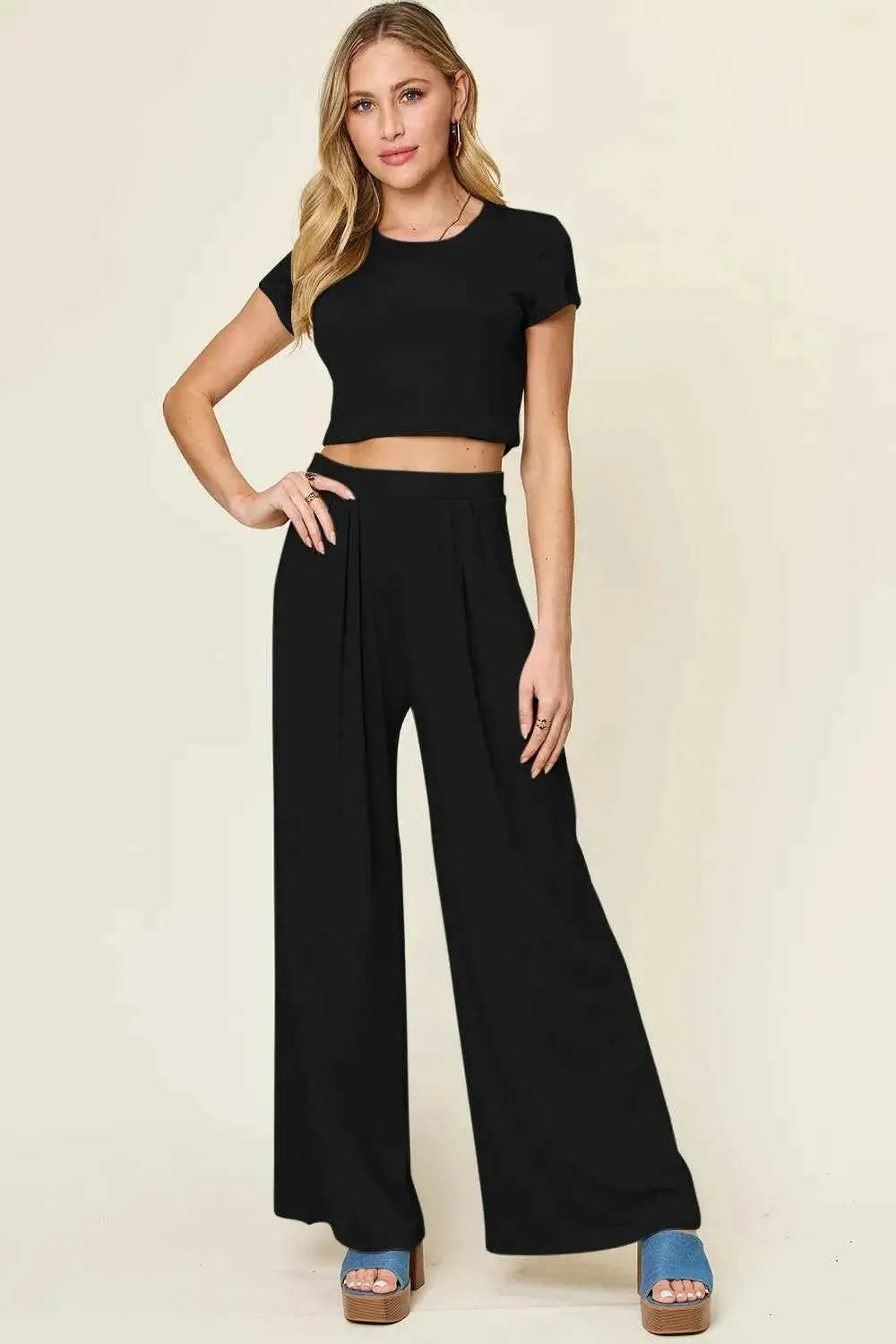 Double Take Full Size Round Neck Top and Pants Set.